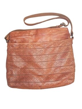 Genicci Leather Laser-Cut Crossbody Bag in Cognac Brown